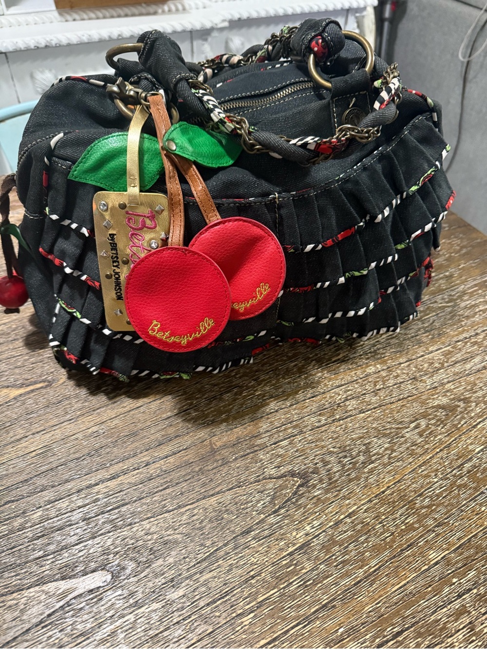 Betsey Johnson Black Bag with Red Cherry Lining
